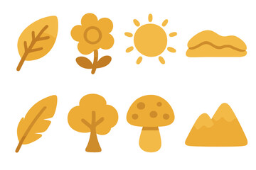 Fototapeta premium Golden Elements Grid. Flat vector mini-illustrations golden nature elements in colors children's illustrations: golden leaf,