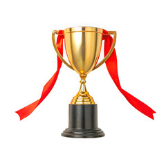 Golden trophy with red ribbons isolated on transparent background