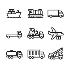 Fototapeta na wymiar Heavy Transport Icons. Outline icon set of heavy transport modes: cargo ship, freight train, semi-truck, flatbed truck, bulldozer