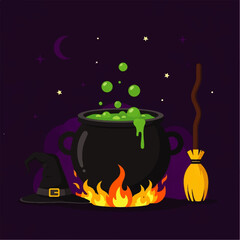 Halloween Witch's Brew Cauldron, Broom, and Hat Illustration