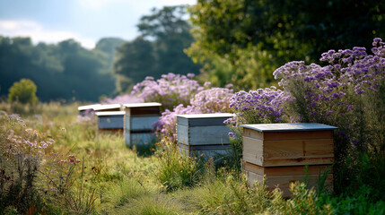 Beehives in a Wildflower Meadow Under Gentle Sunlight