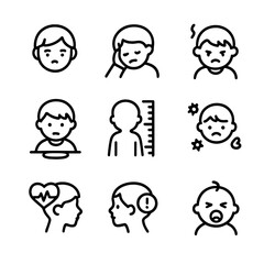 Iron Deficiency Icons. Outline icon set of iron deficiency symptoms in children: pale skin, fatigue, irritability, poor appetite,