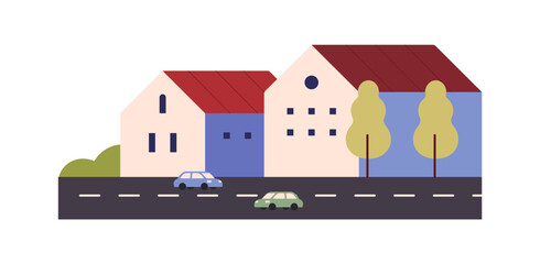 Geometric landscape of little town with residential buildings and road. Suburban houses in countryside. Suburb, village with cottages, villas. Flat isolated vector illustration on white background