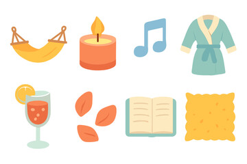 Summer Spa Icons. Flat vector mini-illustrations relaxing moments in colors children's illustrations: hammock,
