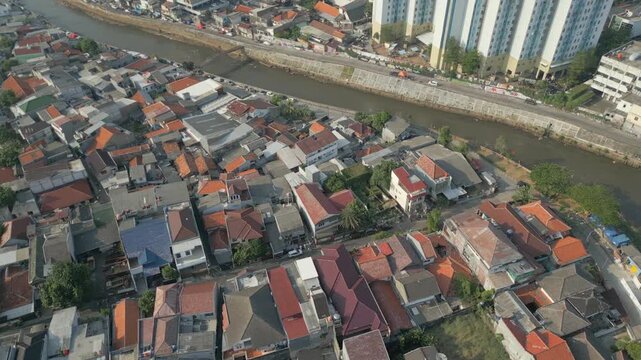 Typical Street And Houses In Tebet Jakarta Indonesia Drone Descend Spiral In 4K 60FPS