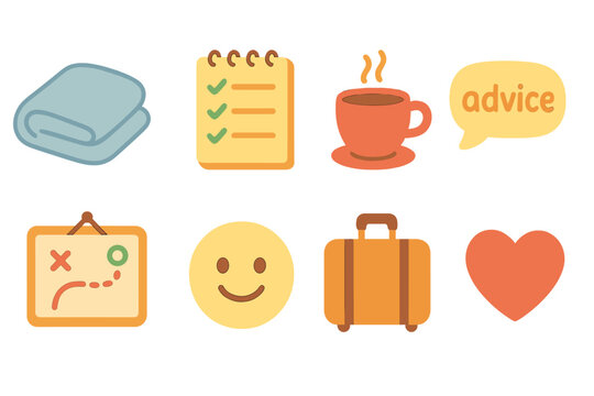 Supportive Friendship Icons. Flat vector mini-illustrations Supporting a friend before a big change in colors