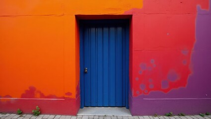 Vibrant hues of orange, red, and purple paint accent a striking blue door on a city wall.