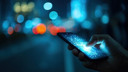 Night city scene, hand using phone with data overlay