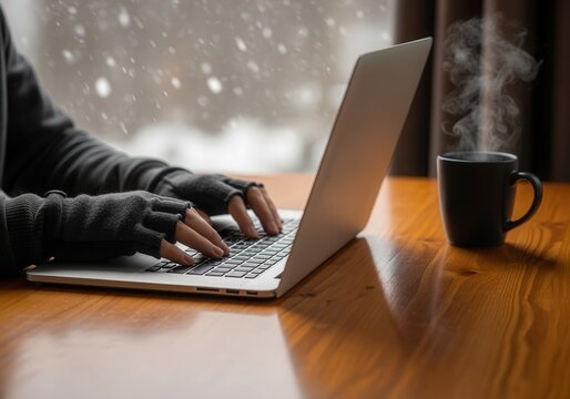 Hands typing on laptop with hot coffee mug by window during snowfall