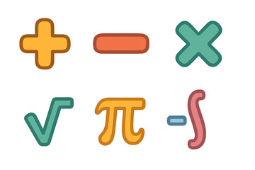 Fototapeta premium Math Symbols Grid. Flat vector mini-illustrations formula math symbols in colors children's illustrations: plus sign, minus sign,