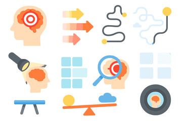 Thoughts in Focus. Flat vector mini-illustrations focusing and unfocusing thoughts in colors children's