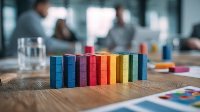 Colorful wooden blocks arranged in a line on a table. Blurred background shows people engaged in a meeting. Office setting with papers and water glasses.