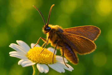 Obraz premium Small brown butterfly moth feeding on white daisy flower in garden