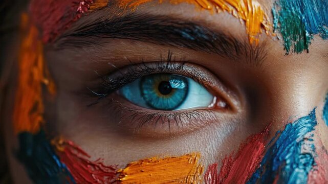 An individual with colorful, artistic designs on the eyelids. The concept showcases a creative blend of beauty and abstract art, exploring themes of self-expression and cultural significance.