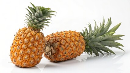 Two ripe golden pineapples with green fronds displayed together on a clean white background isolated on white background