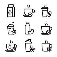 Nutty Beverage Icons. Outline icon set of nutty beverages: almond milk, hazelnut latte, peanut smoothie, nut butter shake, cashew