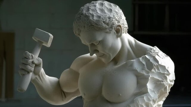 Shape yourself: a sculpture slowly chisels away its own stone form, symbolizing inner drive, relentless discipline, and the pursuit of higher personal purpose through deliberate effort