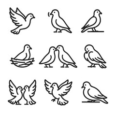 Obraz premium Dove Behavior Icons. Outline icon set of dove behaviors: flying, cooing, perching, nesting, feeding, preening, mating dance,