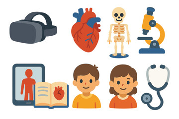 Virtual Anatomy Icons. Flat vector mini-illustrations virtual anatomy lessons in colors children's
