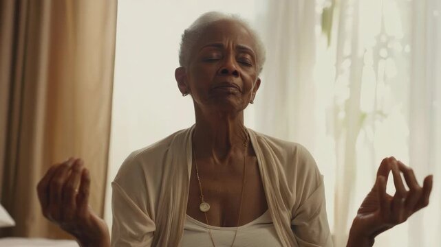 A woman in her elder years practicing meditation, showcasing inner peace and the wisdom of age.