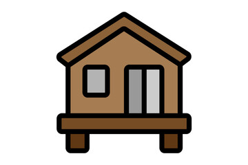 The image shows a wooden house icon. The house is brown with a triangular roof, a small square window, and a rectangular door.