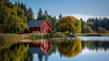 Obraz premium Autumn Reflection of a Barn in a Tranquil Lake Scene