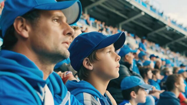 Father and son attending a baseball game together. Seated in the bleachers, sharing the excitement of the sport with each other.