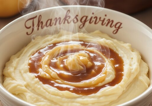 Hot mashed potatoes with gravy in Thanksgiving bowl