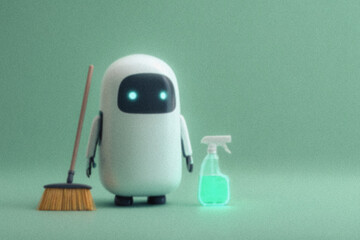 Adorable futuristic robot is ready to do domestic work and cleaning with a spray bottle and broom