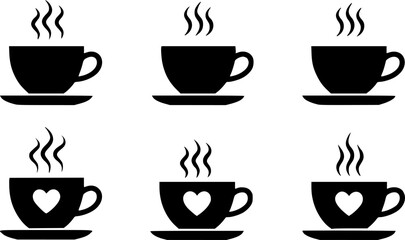 Obraz premium Six steaming coffee cups with hearts saucer 