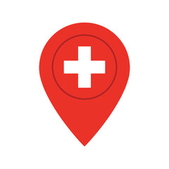 Obraz premium Red location pin with white medical cross symbol for healthcare or emergency services vector