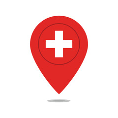Red medical location pin icon with white cross for healthcare services and hospitals navigation vector