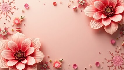 Delicate, 3D paper flowers and decorative elements arranged on a pale pink backdrop create a serene and romantic composition.