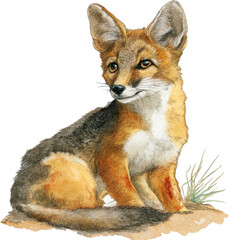 Fototapeta premium Alert fox sits attentively amidst dry grass showing detailed fur texture and expressive eyes Watercolor PNG