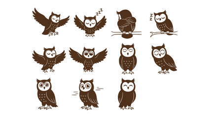 Fototapeta premium Owl Collection: A charming collection of various owls displaying different poses, each with a unique expression in a seamless and inviting illustration.