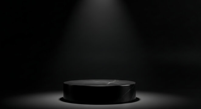 Illuminated Dark Stage With Round Pedestal Spotlight On Black Background