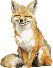 Obraz premium Joyful sitting fox figurine with closed eyes and smiling face detailed wildlife art Watercolor PNG