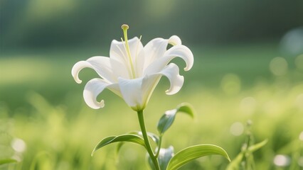 A single white lily in full bloom stands gracefully against a soft, blurred green background.