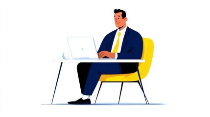 A professional individual in a blue blazer and yellow tie works diligently at a modern desk with a laptop and coffee cup