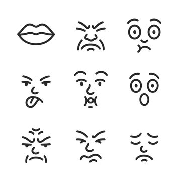 Sour Taste Icons. Outline icon set of sour taste reactions: puckered lips, scrunched nose, wide eyes, tongue out, raised eyebrows,