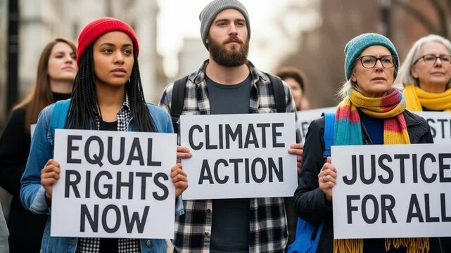 A diverse group of activists holding signs for justice and climate action.