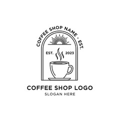 Elegant line art logo featuring an acoustic guitar, radiating light, within an arched frame, perfect for a music company.