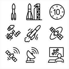 Galileo Launch Icon Set. Outline icon set of Galileo satellite launches: rocket, launch pad, countdown, satellite deployment,