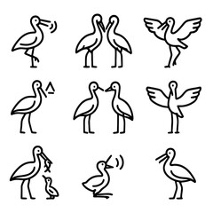 Fototapeta premium Stork Communication Icons. Outline icon set of stork communication: calls, mating dance, wing clapping, alarm signal, social