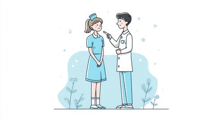 Obraz premium A nurse in a light blue uniform and a doctor in a white coat stand professionally in a calm blue setting,