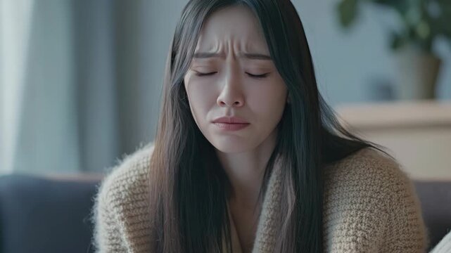 A young woman with a frustrated expression is holding a tissue in her hand. She seems to be dealing with a nosebleed or an intense allergy reaction.