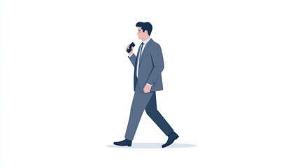 A confident professional in a business suit walks purposefully while holding a smartphone to their ear,
