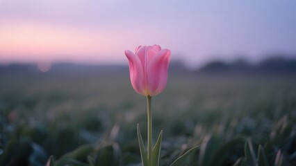 A solitary pink tulip stands tall in a field during a serene sunset.