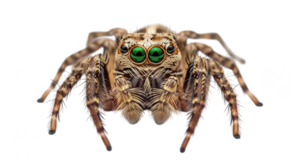 A jumping spider with striking green eyes isolated on white isolated on transparent background