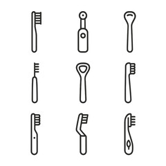 Toothbrush Icon Set. Outline icon set of toothbrush types: manual toothbrush, electric toothbrush, sonic toothbrush, interdental